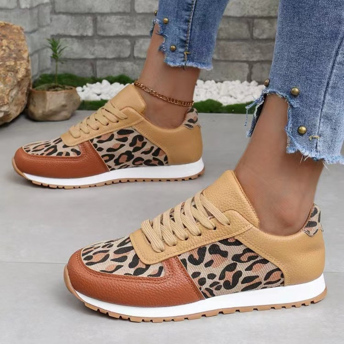 Leopard Printed Leather Athletic Sneakers