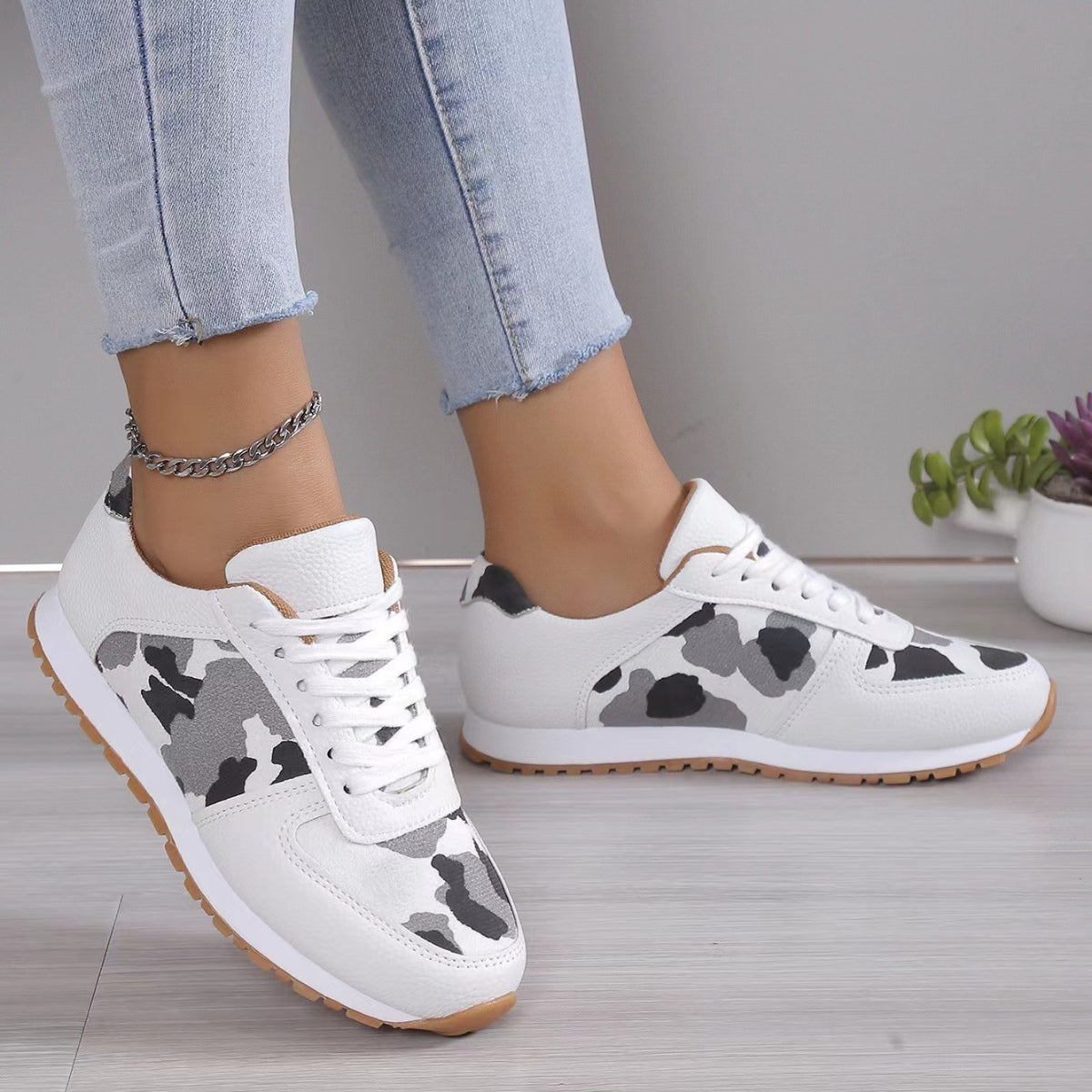 Leopard Printed Leather Athletic Sneakers