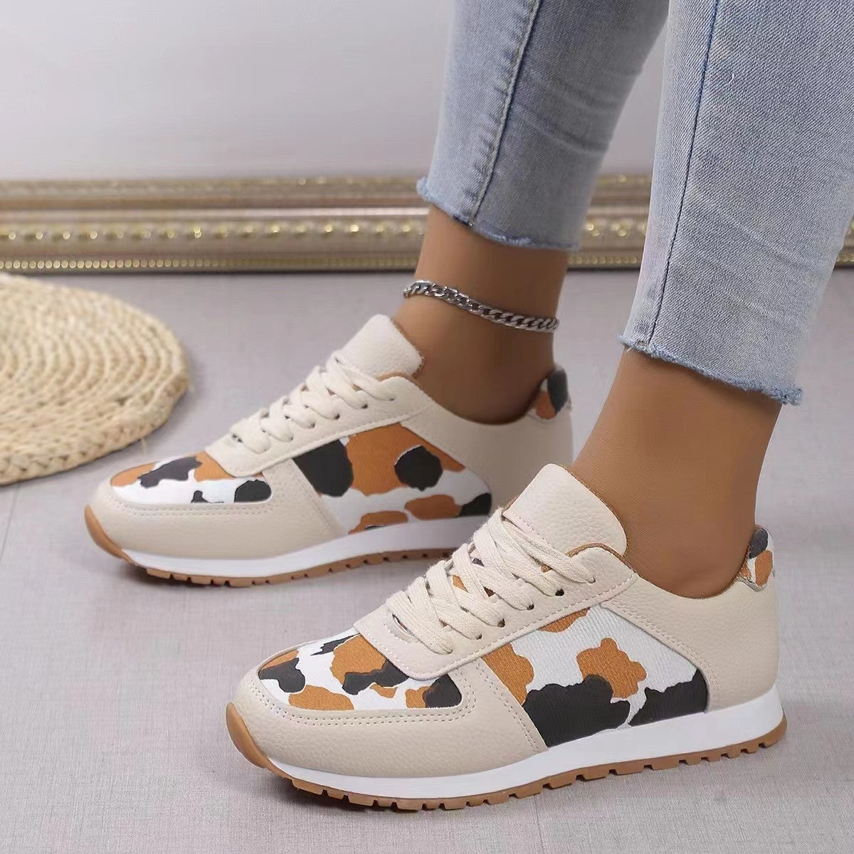 Leopard Printed Leather Athletic Sneakers