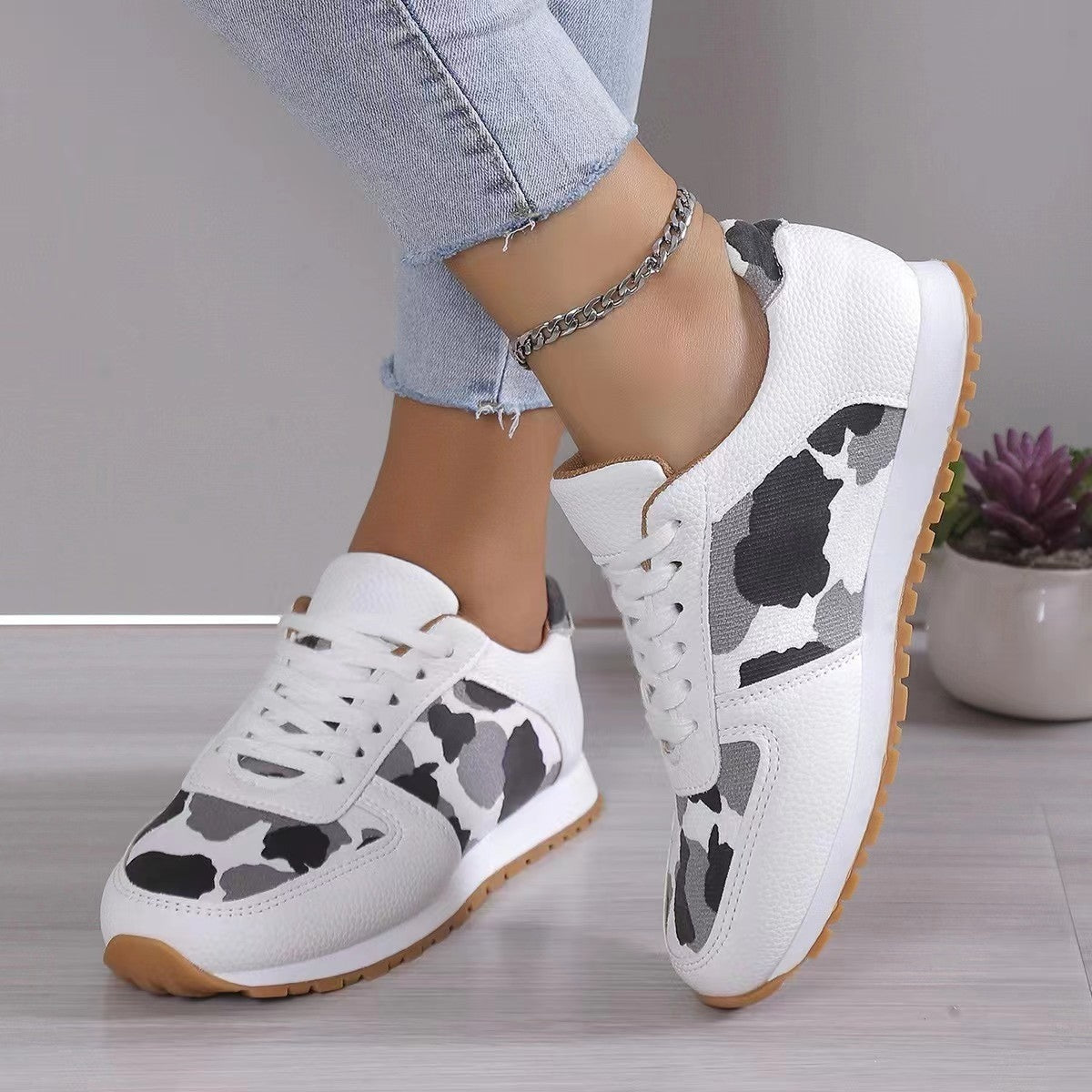 Leopard Printed Leather Athletic Sneakers