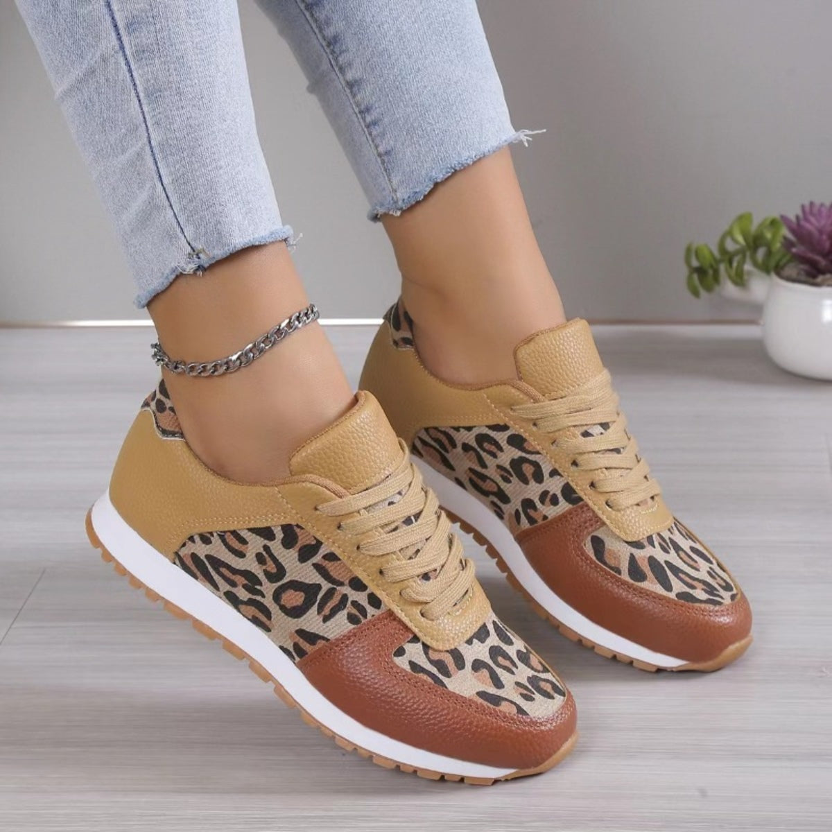 Leopard Printed Leather Athletic Sneakers