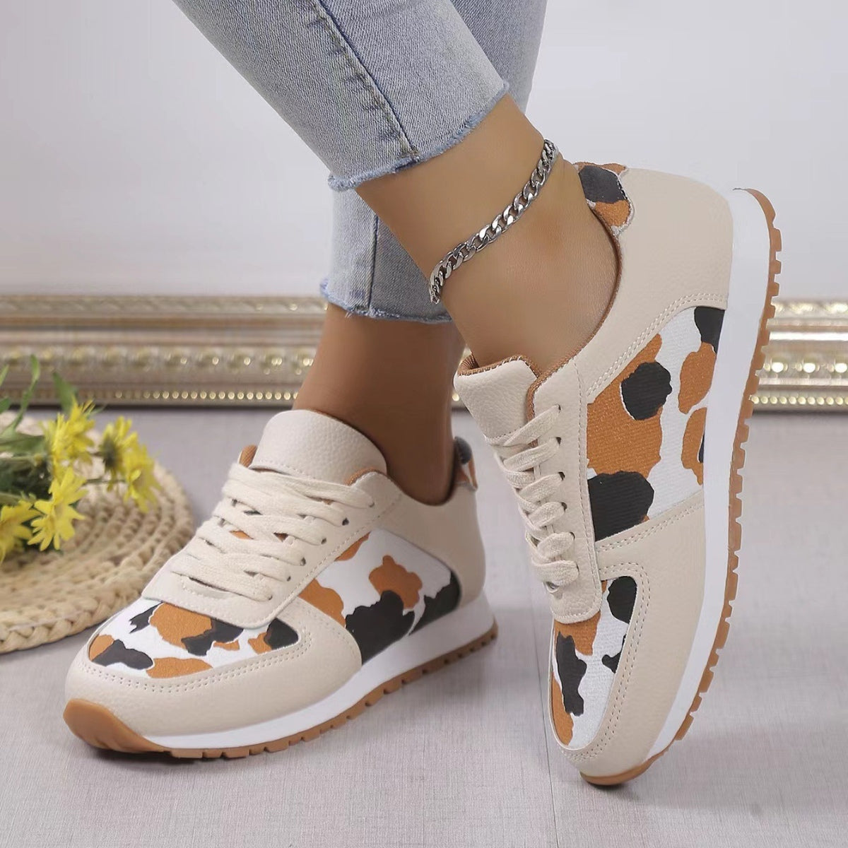 Leopard Printed Leather Athletic Sneakers